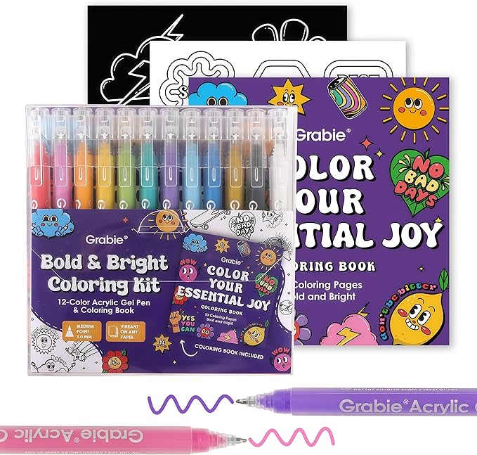 Grabie 12Colors Acrylic Gel Pens&Coloring Book, Medium Point Colored Gel Pens, Acrylic Gel Ink Pen Assorted Colored for Drawing, Note Taking, Bold&Bright Coloring Kit, Set of 12 (Essential Colors)