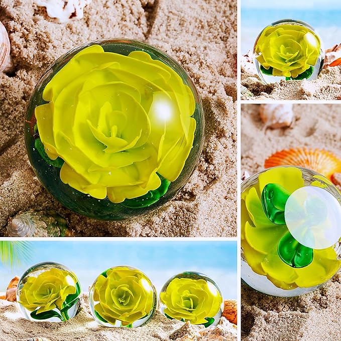 EUSTUMA Hand Blown Glass Flower Paperweight Figurine for Office Desk.Give You A Gift from The Person You Love, The Garden Decoration. (Yellow Flower)