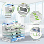 Docnest 5 Tier Mesh Desk Organizer- Letter Tray with Adjustable Compartments, Mesh Desktop Storage Built in Pen Holder and Handles, Desk Organizer Tray for Mail Documents Office Supplies–White
