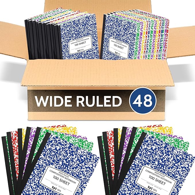 EPI 48 Pack Wide Ruled Composition Notebook Assorted Marble Colors - 200 Pages (100 Sheets), 9-3/4 x 7-½ - Classroom Back to School Supplies, Heavy Duty, Durable Hardcover Office Notebooks, Sewn