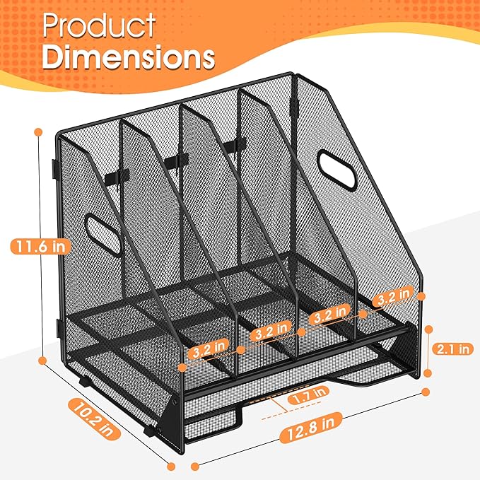 OrgMate Desk File Folder Holder Organizer-4 Vertical Compartments Racks and Paper Letter Tray,Mesh Magazine File Holder Sorter,Desktop Accessories & Workspace Organizers for Home,Office,School-Black