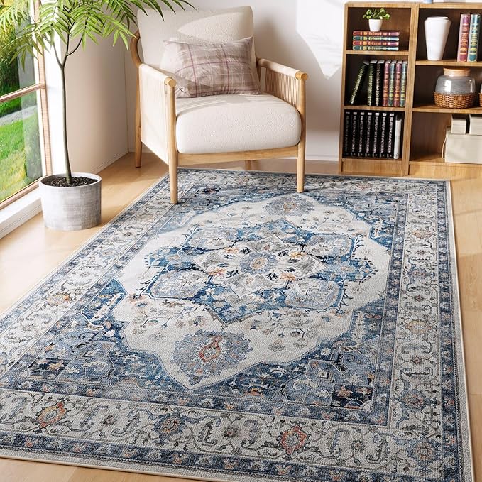 Rugcomf Vintage Medallion 4'x6' Rug - Machine Washable Area Rug, Non-Slip Low Pile Boho Carpet for Girl/Boys Room, Living Room, Kids, Entry - Blue