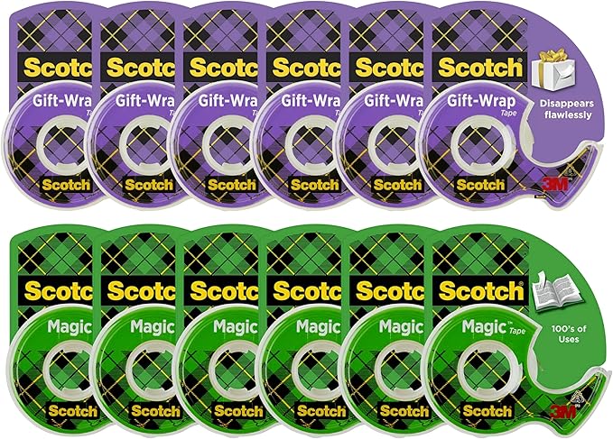 Scotch Gift Wrap Tape & Magic Tape Bundle – 12 Rolls (6 Gift Wrap + 6 Magic), 3/4 in x 650 in Each, with Dispensers