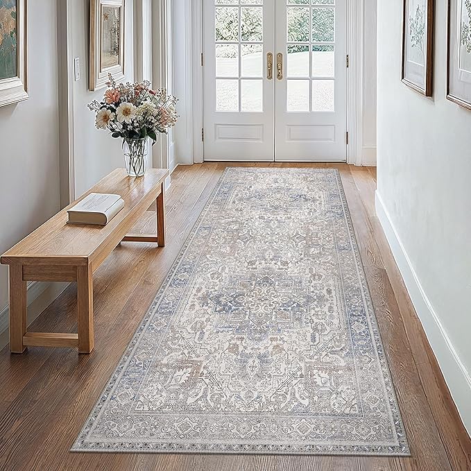 GENIMO 2'6"x10 Runner Rugs for Hallway, Machine Washable Non Slip Vintage Retro Rugs, Low Pile Lightweight Thin Print Rug for enrtyway, Corridor, Home Office, Kitchen, Khaki Blue