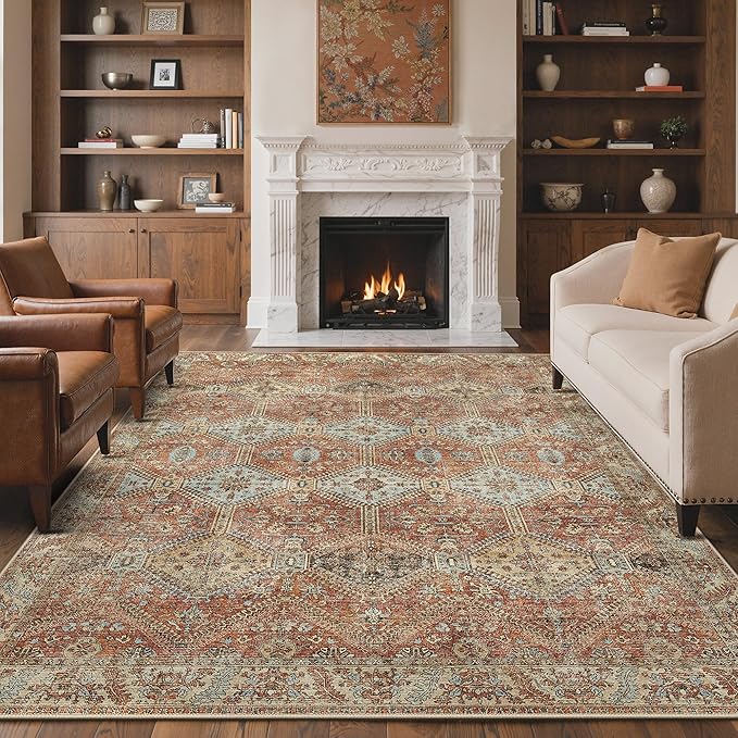 GENIMO 6x9 Area Rugs for Living Room, Machine Washable Non Slip Rugs, Low Pile Lightweight Print Rug for Bedroom, Dining Room, Home Office, Vintage Brick Red
