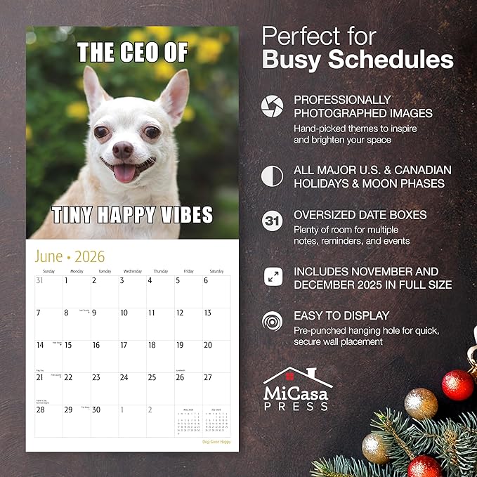 MICASA PRESS Dog-Gone Happy 2026 Wall Calendar 12 Month | 12" x 24" Open | Thick & Sturdy Paper | Holiday Gift | Meme Pooches Puppy Funny Dog Calendar 2026