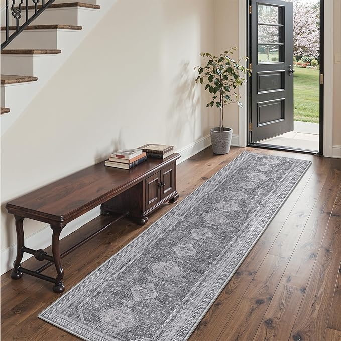 GENIMO Runner Rug 2x12 Non Slip Machine Washable Hallway Runner Rug, Low Pile Lightweight Rugs for Entryway, Hallway, Kitchen and Corridor, Vintage Grey