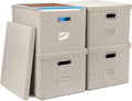 4-Pack Modern Minimalist Beige Collapsible Linen File Folder Box Office Document Storage Filing Bin with Lid for Letter Legal Size Hanging Folders