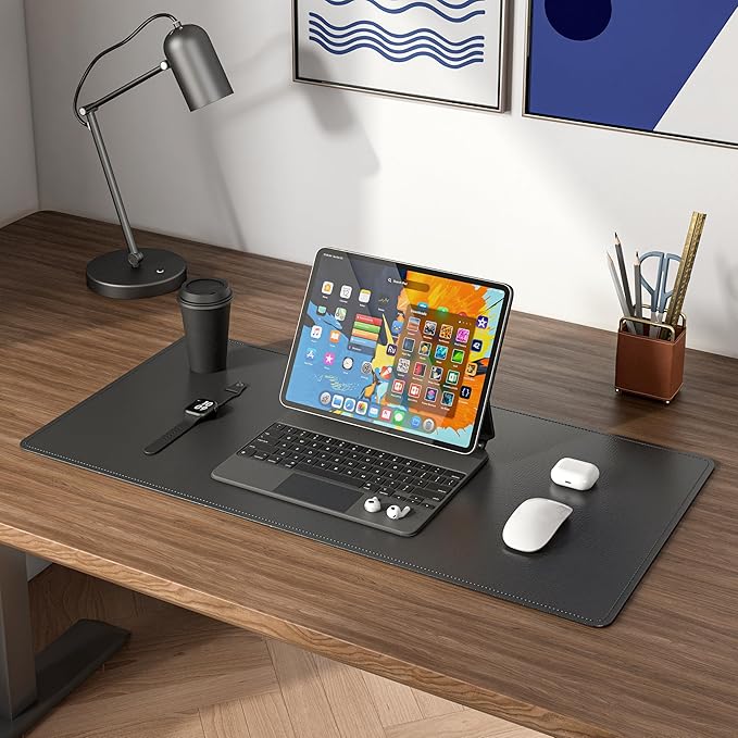 DAWNTREES Laptop Mat for Desk,PU Leather Desk Protector Pad,Non Slip, 23.6" x 13.8" Large Mouse Pad and Keyboard Mat, Waterproof Writing Pad for Office and Home (Black)