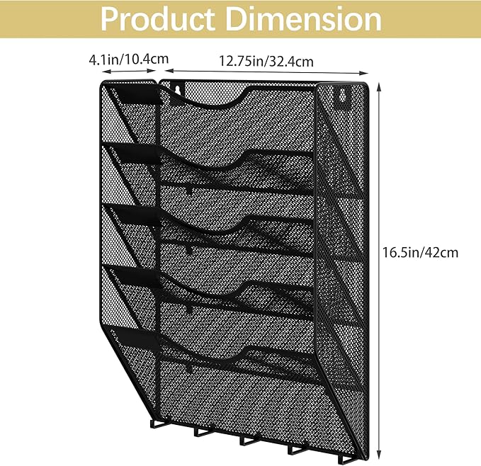 EasyPAG 5 Pocket Mesh Wall File Organizer with Key Hooks, Hanging Paper Folder Holder with Classify Label, Vertical Wall Mount Mail Organizer for Office Home Classroom, Black