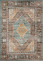 GENIMO 4x6 Area Rugs for Living Room, Machine Washable Rug, Non Slip Vintage Rugs, Low Pile Lightweight Chenille Print Rug for Bedroom, Dining Room, Home Office, Vintage Brown/Blue