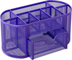 EasyPAG Mesh Pen Holder Desk Organizer with Drawer Stationery Supplies Organizer for Dorm School 9 Compartments Workspace Desk Accessories Organization for Office, Purple