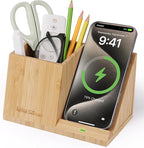 Bamboo Pen Holder for Desk & Nightstand Organizer with Fast Wireless Charging for iPhone, Samsung & More – Office Desk Accessories for Men/Women (Bamboo)