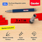 GAUDER Magnetic Dry Erase Labels | 30x Magnetic Labels (3 Inches x 1 Inch) | Dry Erase Magnets for Classroom, Whiteboard and Blackboard