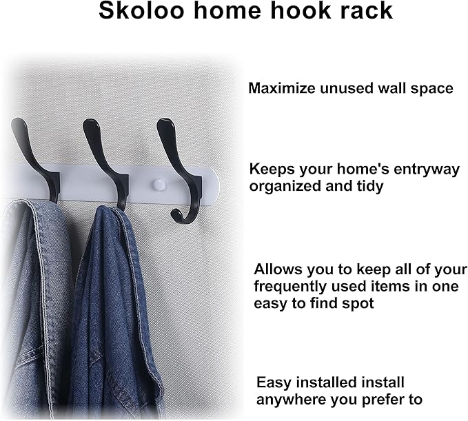 SKOLOO Modern Metal Wall Coat Rack with 5 Hooks - Sturdy Wall Hook Rack for Hanging Coat, Jacket, Clothes, Hat, Black on White