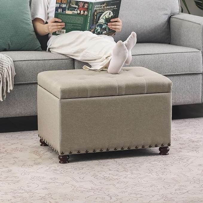 Decent Home 24" Storage Ottoman, Fabric Ottoman Foot Rest Stool with Hinged Lid, Tufted Rectangle Upholstered Footstool, Load up to 350 lb, for Living Room, Bedroom, Dorm, Beige, Bronze Rivets