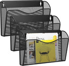 GDINDINFAN 3 Single Pocket Wall File Holder, Mesh Hanging File Folder Paper Organizer, Vertical Wall Mounted Mail Basket, Storage Organization Magazine Rack for Office, Home and School, Black