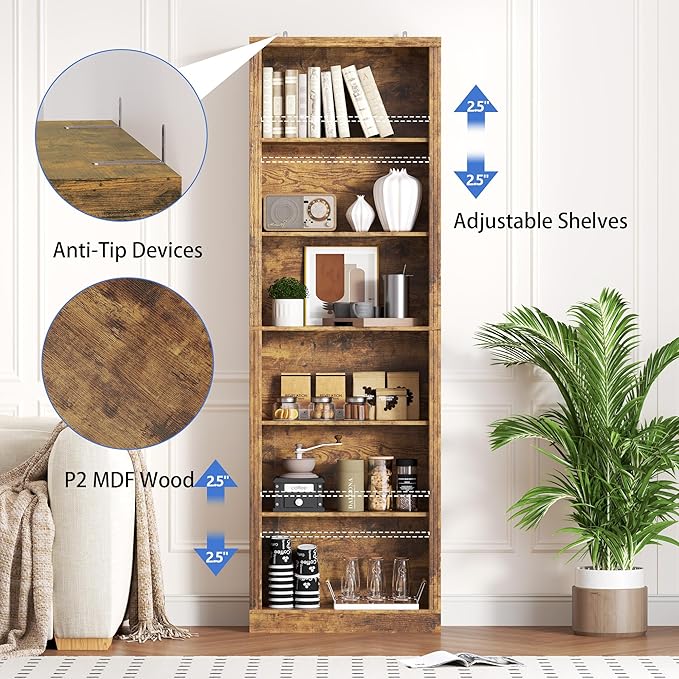 BORNOON 75" Tall Bookshelf, 6-Tier Floor Standing Bookcase with Adjustable Shelves, 24" Wide Open Storage Shelf, Modern Display Organizer for Home Office, Living Room, Bedroom, Study