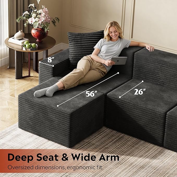 WLIVE 110'' Boneless Couch for Living Room, Modular Sectional Sofa, Cloud Memory Foam Couch L Shape with Chaise, Black