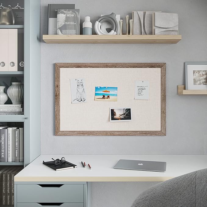 U Brands Linen Bulletin Board, 36" x 24", Rustic Wood Style Frame, Industrial Grade Pinning Surface
