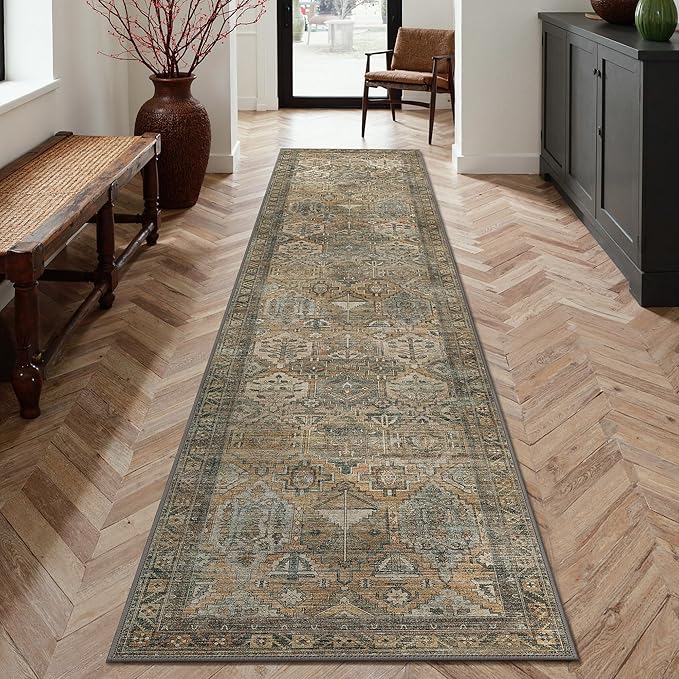GENIMO 2x10 Runner Rugs for Hallway, Machine Washable Non Slip Vintage Rugs, Low Pile Lightweight Soft Print Rug for enrtyway, Corridor, Home Office, Kitchen, Warm Taupe