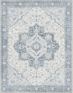 GENIMO 8x10 Area Rugs for Living Room, Machine Washable Non Slip Vintage Rugs, Low Pile Lightweight Chenille Print Rug for Bedroom, Dining Room, Home Office, Light Blue