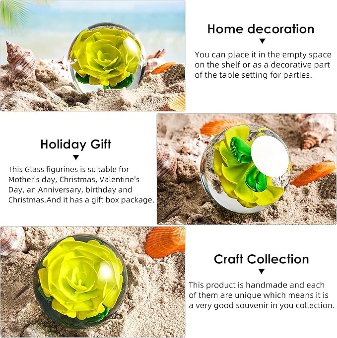 EUSTUMA Hand Blown Glass Flower Paperweight Figurine for Office Desk.Give You A Gift from The Person You Love, The Garden Decoration. (Yellow Flower)