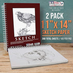 U.S. Art Supply 11"x14" Sketch Book Pad, 2 Pack (100 Sheets Each), 60lb (100gsm) Spiral Bound - Sketching, Drawing Pad, Acid-Free Paper - Sketch Pads for Adults, Students: Colored Pencils, Charcoal