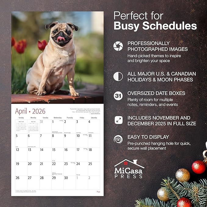 MICASA PRESS Pugs 2026 Wall Calendar 12 Month | 12" x 24" Open | Thick & Sturdy Paper | Holiday Gift | Cute Puppy Dog Calendar 2026