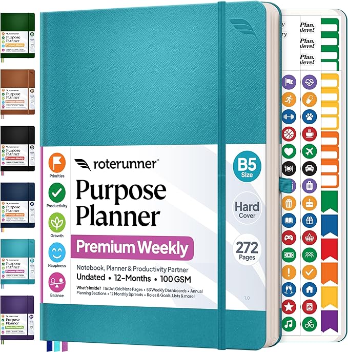 Roterunner Purpose Planner Notebook B5 7.5”x9.8” 12 Month Undated 2026 Daily Weekly and Monthly Productivity Goal Setting Tool for Work Home ADHD Planner for Adults Self Care Journa (Teal)