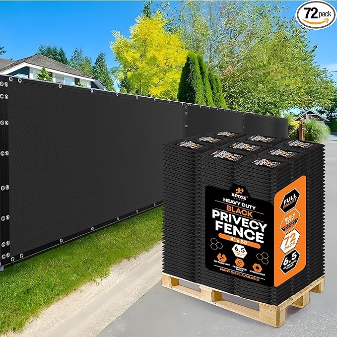 Xpose Safety Privacy Fence Screen 4’ x 50’ (72 Pack) – Bulk Full Pallet – Heavy Duty Black Mesh with 90% Visibility Block, UV Protection – Includes Cable Ties for Garden, Yard, Nursery, Kennel,Dog Run