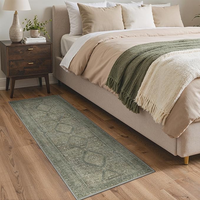 GENIMO Runner Rug 2x5 Non Slip Machine Washable Hallway Runner Rug, Low Pile Lightweight Rugs for Entryway, Hallway, Kitchen and Corridor, Sage/Blue
