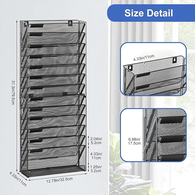 EasyPAG Wall File Holder 14 Tier Mesh Hanging Folder Organizer with Flat Tray Wall Mounted Mail Organizer Magazine Paper Desk Shelf with Nametag Label for Office Home School, Black