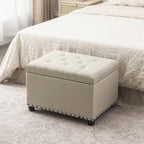 Decent Home 24" Storage Ottoman, Fabric Ottoman Foot Rest Stool with Hinged Lid, Tufted Rectangle Upholstered Footstool, Load up to 350 lb, for Living Room, Bedroom, Dorm, Beige, Bronze Rivets