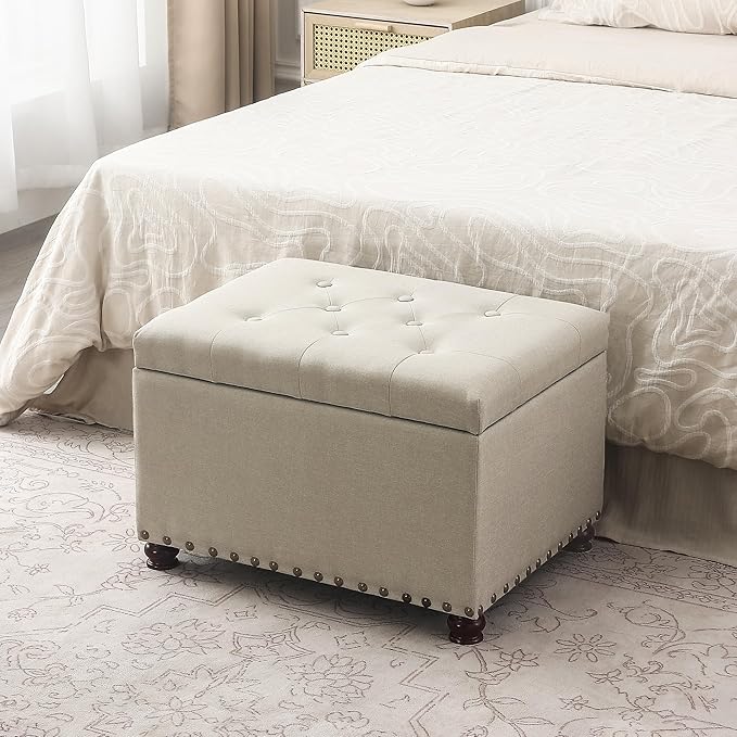 Decent Home 24" Storage Ottoman, Fabric Ottoman Foot Rest Stool with Hinged Lid, Tufted Rectangle Upholstered Footstool, Load up to 350 lb, for Living Room, Bedroom, Dorm, Beige, Bronze Rivets