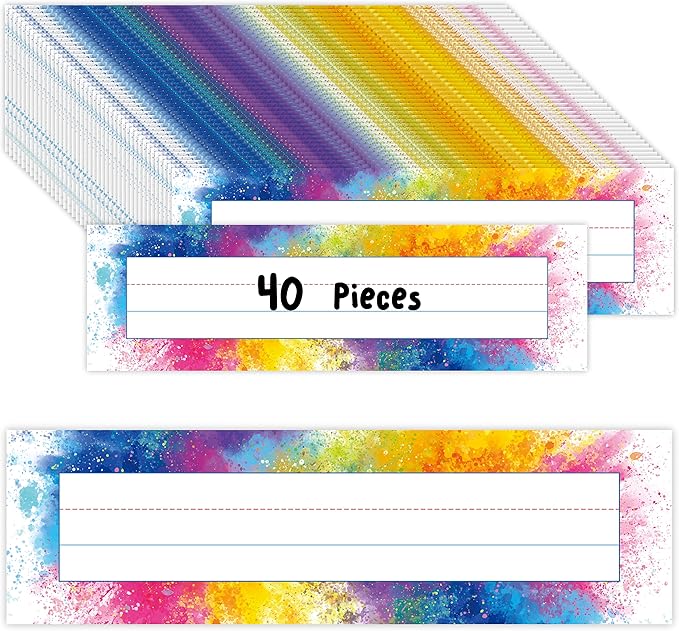 40PCS Desk Nameplates, Double Sided PET Film Desk Name Tags Student Name Labels Erasable & Reusable Traditional Manuscript Name Plates for School Classroom Organization (10” x 2.8”, Watercolor)