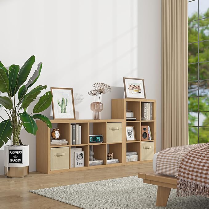 furtble Bookshelf with Storage Bin, 6-Cube Storage Organizer, Modern Wood Open Bookcase, Multifunctional Display Shelf for Living Room, Bedroom, Home Office, Oak