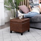 Adeco 17" Storage Ottoman Foot Rest Stool, Dark Brown Leather Ottoman with Black Solid Wood Legs and Hinged Lid, Small Foot Stool for Living Room, Bedroom