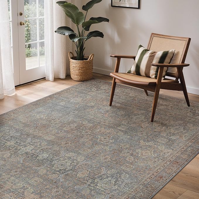 GENIMO 6x9 Area Rugs for Living Room, Machine Washable Non Slip Vintage Rugs, Low Pile Lightweight Chenille Print Rug for Bedroom, Dining Room, Home Office, Grayish Blue