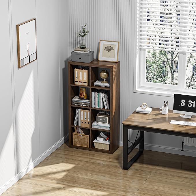 furtble Bookshelf with Storage Bins, 8-Cube Storage Organizer, Modern Wood Open Bookcase, Multifunctional Display Shelf for Living Room, Bedroom, Home Office, Classic Oak