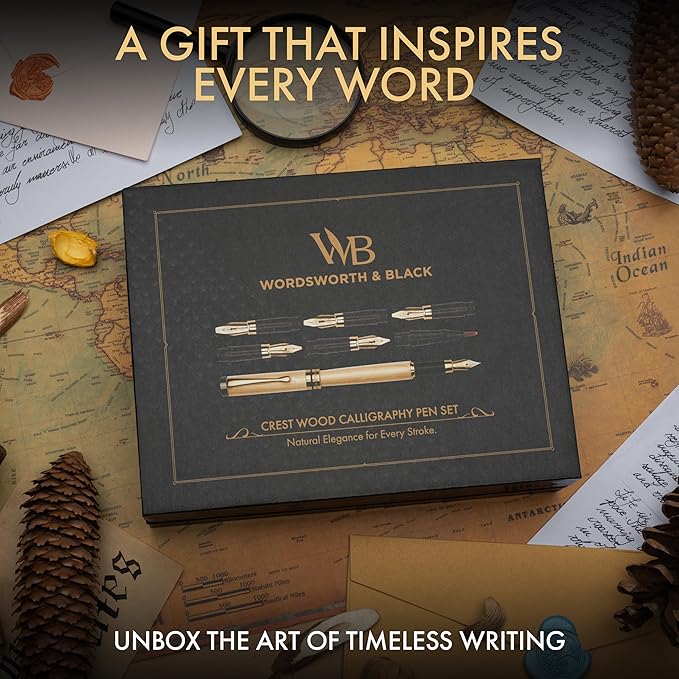 Wordsworth & Black Calligraphy Pen Gift Set, Includes Ink Bottle, 6 Ink Cartridges, Ink Refill Converter, 6 Replacement Nibs, Luxury Bamboo, Journaling, Smooth Writing Pens [Maple Wood]