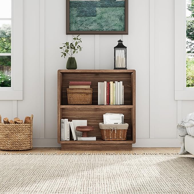 ChooChoo 2-Tier Bookcase, Small Wooden Bookshelf, Farmhouse Bookshelf with Open Storage, Short Bookcase for Bedroom and Home Office, Brown Walnut