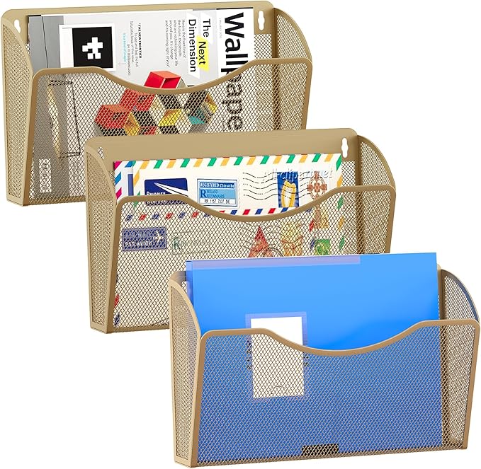 EasyPAG 3 Single Pocket Wall File Organizer, Mesh Hanging File Folder Organizer for Letter/A4 Size Folders, Wall Mounted Vertical Mail Holder for Paperwork, Office, Home, School, Gold