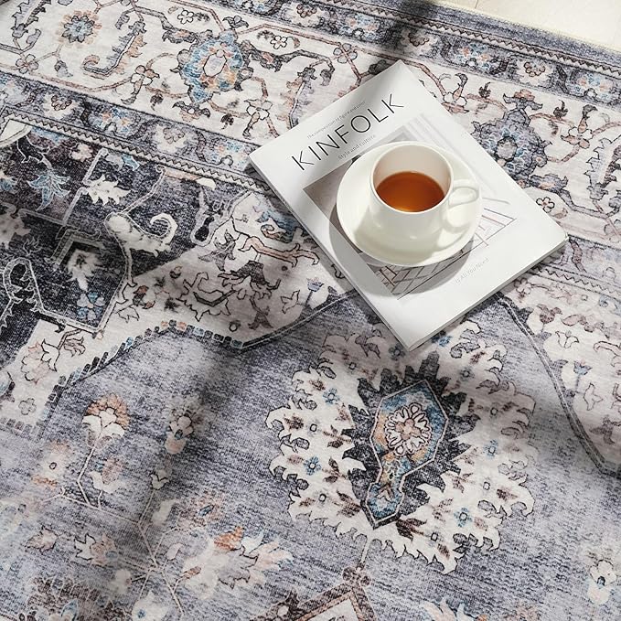 Rugcomf Vintage Medallion 3'x5' Washable Rug - Non-Slip Low Pile Area Rug, Small Boho Carpet for Bedroom, Bedside, Kitchen, Entryway, Kids/Girls Room, Office - Grey and White