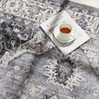 Rugcomf Vintage Medallion Living Room Rug 5'x7' - Machine Washable Area Rug, Non-Slip Low Pile Boho Carpet for Bedroom, Dining Room, Farmhouse, Office, Kids Playroom - Grey and White