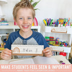 Desk Name Tags for Classroom -25 Student Name Plates for Classroom Kindergarten, Preschool, 1st, 2nd & 3rd Grade, 9x3 Teacher Nameplates for Student Desks & Cubbies, Boho Nametags