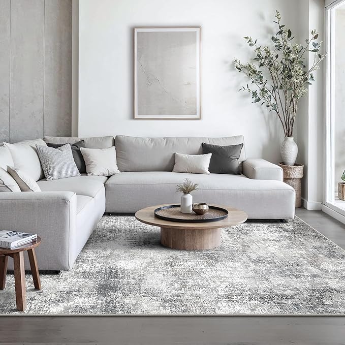GENIMO Washable Area Rugs for Living Room, 8x10 Modern Non Slip Rugs, Low Pile Lightweight Soft Print Rug for Bedroom, Dining Room, Home Office, Grey