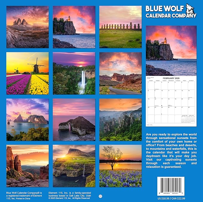 2026 Sunsets Monthly Wall Calendar | Travel Calendar 2025-2026