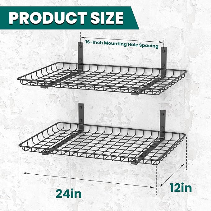 EVERHANGER Garage Wall Shelves 12x24 Inch, Wall Mounted Storage Shelf, Metal Shelf Rack, Heavy-Duty Shelf Organizer 2 Pack, Black