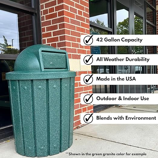Campus Collection 42 Gallon Slatted Round Trash Can | Commercial Outdoor and Indoor Garbage Can with Push Open Dome Lid and Internal Liner | Great for Schools and Businesses - Green Granite